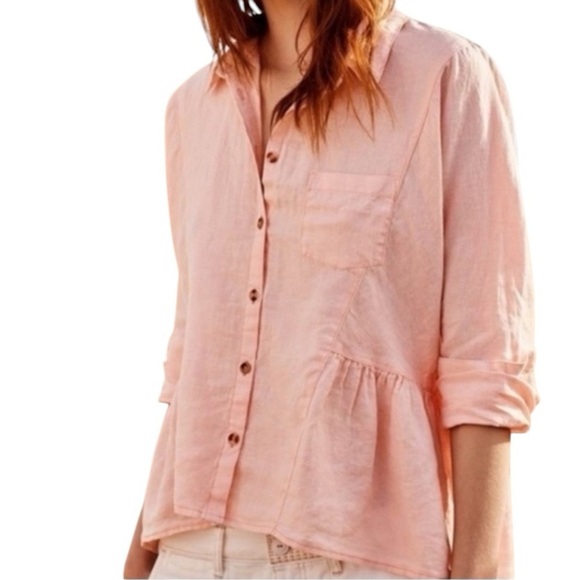 ANTHROPOLOGIE Holding Horses Linen McKenzie Peplum Blouse Pink ButtonUp Top MP - Picture 5 of 5